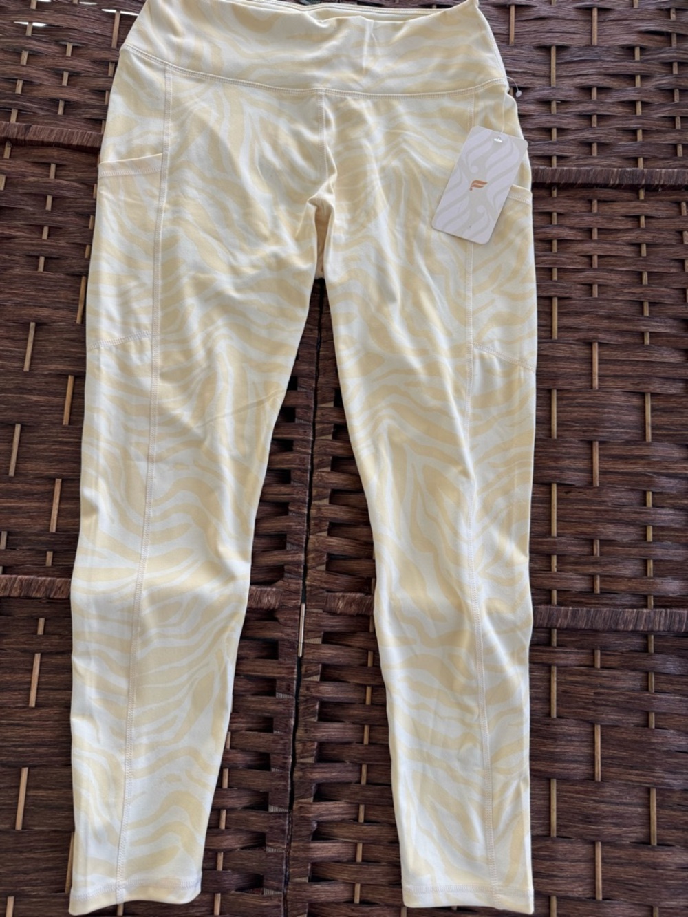 Fabletics Light Cream & Yellow Subtle Tonal Pattern Leggings